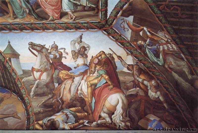 Цикл фресок в здании близ Каза Массимо (Рим). Зал Ариосто, клин свода. Фрагмент. Битва шестерых на острове Липадуза. 1817-1827 - ФрескаРомантизм, назарейцыГерманияРим. Каза Массимо
