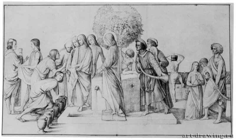 Пир в Кане, 1819 - 272 х 486 мм. Кисть коричневым тоном по подготовке карандашом, отмывка, на бумаге. Дрезден. Гравюрный кабинет Государственных художественных собраний.