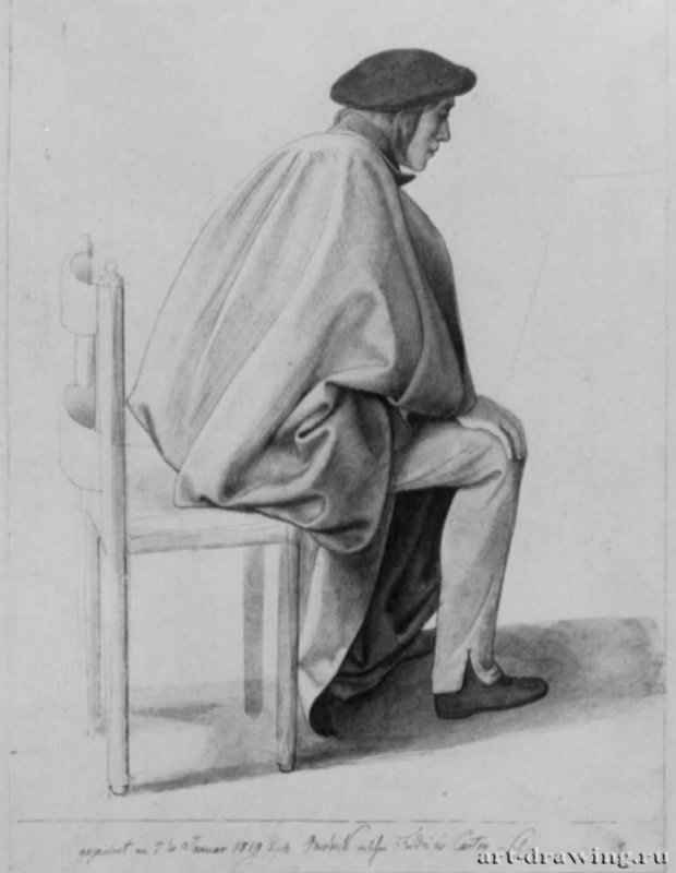 Сидящий Фридрих Овербек в белой накидке, 1819 - 262 х 208 мм. Перо коричневым тоном, отмывка, по карандашу, на бумаге. Дрезден. Гравюрный кабинет Государственных художественных собраний.