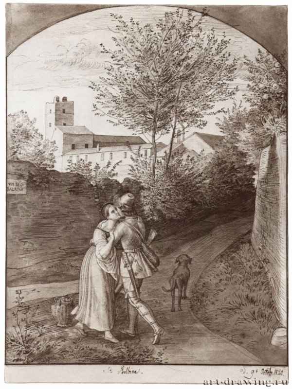 Близ церкви святого Бальбина в Риме. 1820 - 281 x 211 мм. Перо и кисть сепией, по рисунку карандашом, на белой бумаге. Дрезден. Гравюрный кабинет Государственных художественных собраний.