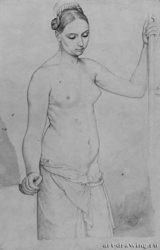 Стоящая обнаженная натурщица. 1820 - 446 х 281 мм. Перо коричневым тоном по рисунку карандашом, на бумаге. Дрезден. Гравюрный кабинет Государственных художественных собраний.
