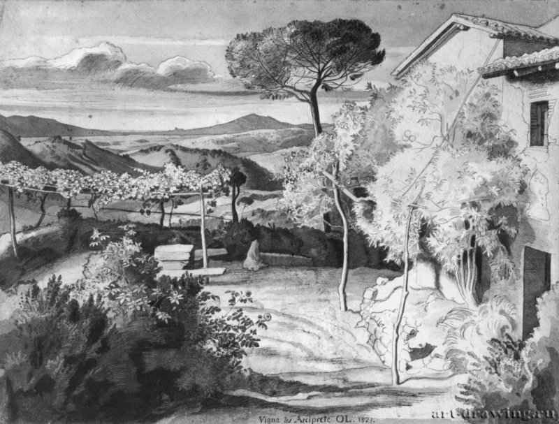 Винья Арчипрете в Олевано с видом на горы. 1821 - 230 x 305 мм. Перо и кисть сепией, по карандашу, на белой бумаге. Дрезден. Гравюрный кабинет Государственных художественных собраний.