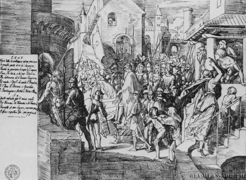 Император Карл и предводитель франков в Париже. 1822 - 1823 - 218 х 300 мм. Перо коричневым тоном, по подготовке карандашом, на бумаге. Лейпциг. Музей изобразительных искусств, Собрание графики.