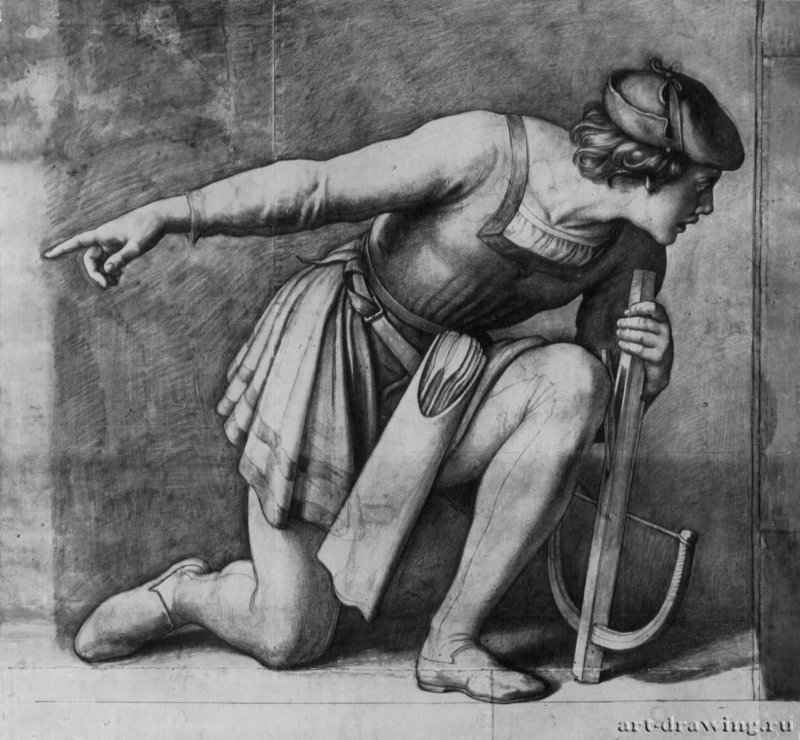 Коленопреклоненный стрелок из арбалета. 1823 - 1010 х 1110 мм. Мел, отмывка, на бумаге. Франкфурт-на-Майне. Художественный институт Штеделя, Гравюрный кабинет.