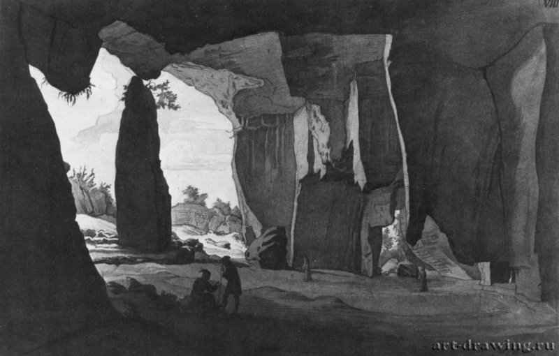 В каменоломне Сиракуз. 1826 - 225 x 352 мм. Карандаш, кисть тушью, на белой бумаге. Дрезден. Гравюрный кабинет Государственных художественных собраний.