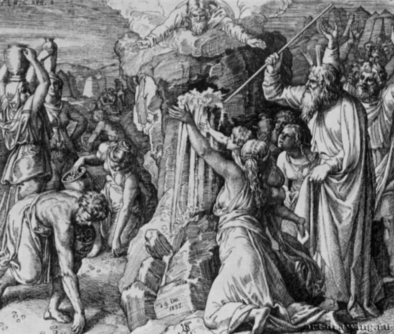 Моисей иссекает воду из скалы. 1827 - 219 х 260 мм. Перо на бумаге. Франкфурт-на-Майне. Художественный институт Штеделя, Гравюрный кабинет.