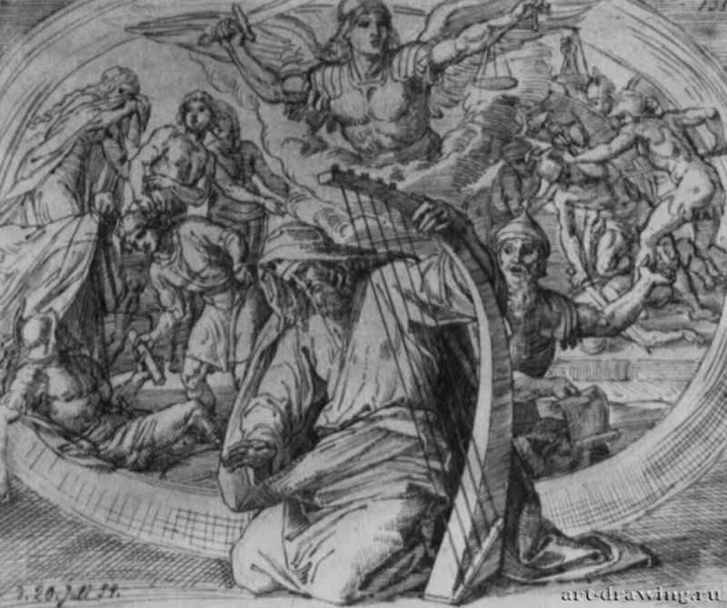 Давид на молитве. 1854 - 216 х 260 мм. Перо на коричневатой бумаге. Франкфурт-на-Майне. Художественный институт Штеделя, Гравюрный кабинет.