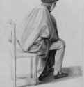 Сидящий Фридрих Овербек в белой накидке, 1819 - 262 х 208 мм. Перо коричневым тоном, отмывка, по карандашу, на бумаге. Дрезден. Гравюрный кабинет Государственных художественных собраний.