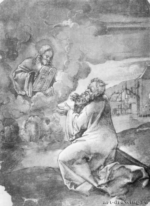 Моисей получает скрижали Завета. 1509 - 284 x 208 мм. Перо, отмывка, подсветка белым, на грунтованной зеленым тоном бумаге. Базель. Открытое художественное собрание, Гравюрный кабинет. Германия.
