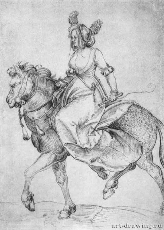 Женщина на лошади. 1510 - 294 x 214 мм. Перо на бумаге. Дрезден. Гравюрный кабинет Государственных художественных собраний. Германия.