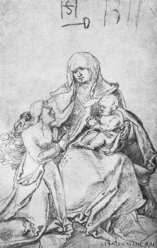 Анна с Марией и младенцем. 1511 - 299 x 190 мм. Уголь на бумаге. Бремен. Кунстхалле, Гравюрный кабинет. Германия.