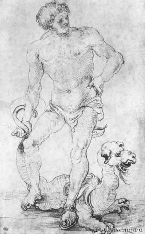 Обнаженный мужчина с драконом. 1506 - 275 x 173 мм. Перо на бумаге. Париж. Лувр, Кабинет рисунков. Германия.