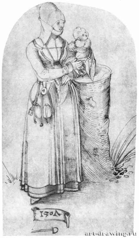 Женщина с ребенком. 1507 - 220 x 124 мм. Перо на бумаге. Эрланген. Библиотека университета. Германия.