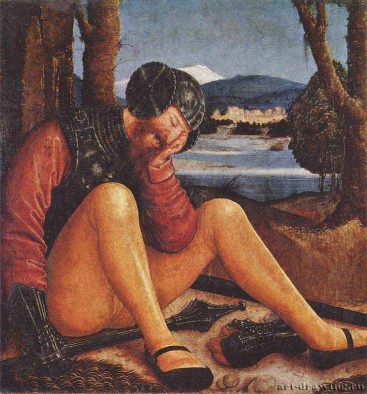 Реликварий во Фрауэнкирхе в Меммингене. Спящий стражник при гробе с палицей и мечом. Первая четверть 16 века - 49 x 46 смДеревоВозрождениеГерманияМюнхен. Старая пинакотека