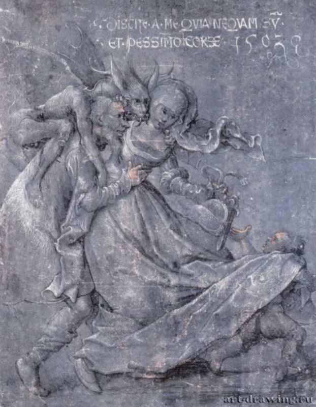 Неравная любовная пара с дьяволом и амуром. 1502 - 225 х 176 мм. Перо черным тоном, белая и красноватая гуашь, на шиферно-серой грунтованной бумаге. Берлин. Гравюрный кабинет. Германия.