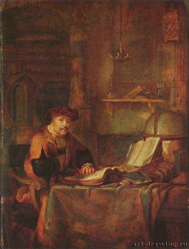 Ученый за книгами. 1671 - 64,5 x 49 смДуб, маслоБароккоНидерланды (Голландия)Будапешт. Венгерский музей изобразительных искусств