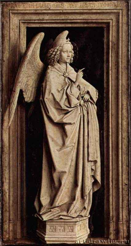 Благовествующий ангел ("Благовещение Тиссен"). 1439 - 39 x 24 смДерево, маслоВозрождениеНидерланды (Фландрия)Мадрид. Собрание Тиссен-БорнемисаРаскрашенная скульптура с надписью; сравните с "Благовещением"