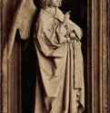Благовествующий ангел ("Благовещение Тиссен"). 1439 - 39 x 24 смДерево, маслоВозрождениеНидерланды (Фландрия)Мадрид. Собрание Тиссен-БорнемисаРаскрашенная скульптура с надписью; сравните с 'Благовещением'