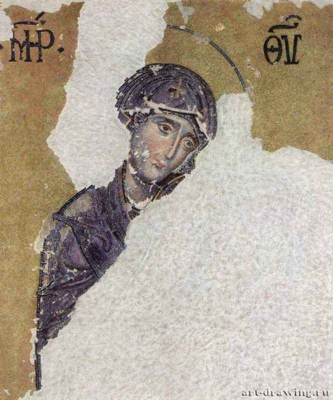 Мозаики в Айя София, Деисус. Деталь: Мария, фрагмент - 12 векМозаикаВизантияСтамбул. Айя СофияКонстантинопольская мастерская, мозаика южных хоров