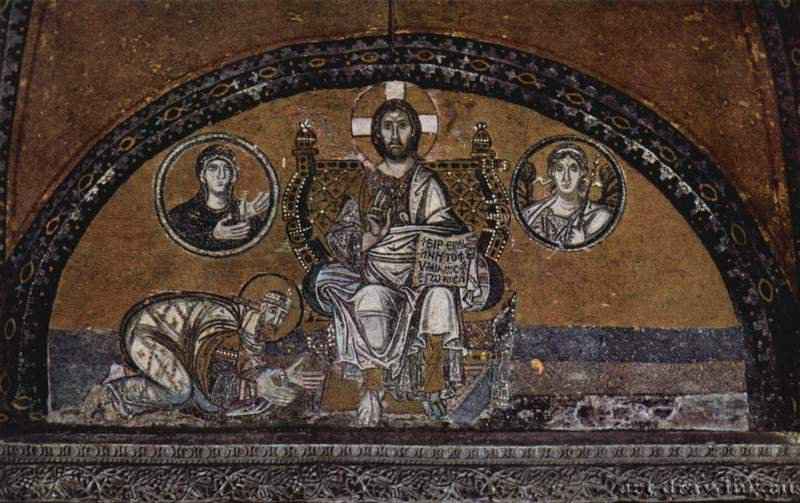 Мозаики в Айя София, Христос Вседержитель и император Лев VI (886-912) - Конец 9 векаМозаикаВизантийское искусствоВизантияСтамбул. Айя СофияКонстантинопольская школа. Мозаика в нартексе церкви над "Императорским порталом"