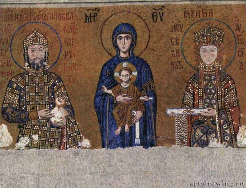 Мозаики в Айя София, Мария на троне с младенцем Христом между императором Иоанном Вторым и императрицей Ириной - 1118 *МозаикаВизантияСтамбул. Айя СофияКонстантинопольская школа, мозаика на южных хорах