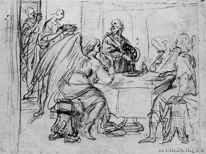 Авраам и три ангела. Первая половина 17 века - 195 х 265 мм Сангина на белой бумаге Рим Национальный кабинет гравюр Италия