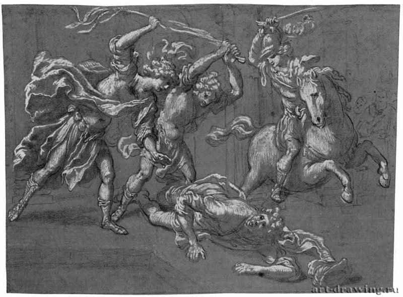 Изгнание Гелиодора. 1642 - 249 х 237 мм Черный мел, подсветка белым, на грунтованной серо-зеленым тоном бумаге Лондон Британский музей, Отдел гравюры и рисунка Италия