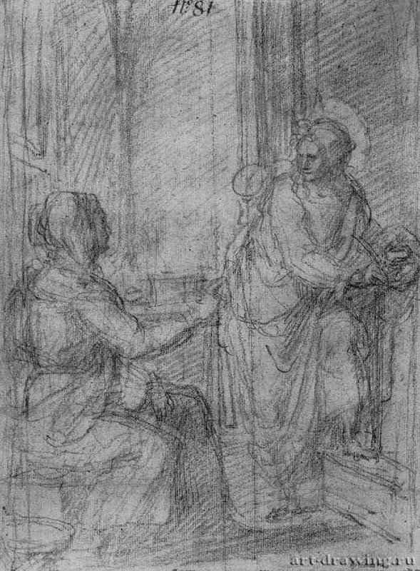 Мария, разговаривающая с Иоанном. Первая половина 17 века - 263 х 190 мм Сангина на белой бумаге Оксфорд Музей Эшмолеан, Отдел гравюры и рисунка Италия