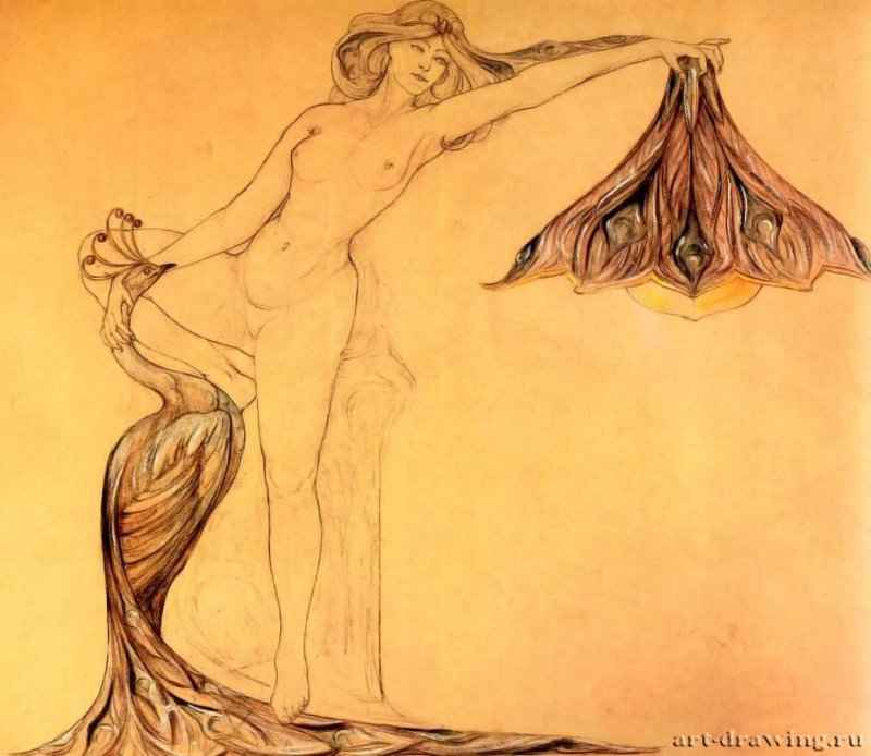 Фея с павлином, эскиз проекта для светильника, 1901. - Акварель, гуашь. 36 x 42. Бельгия.