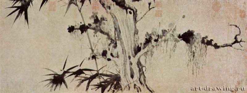 Бамбук и замшелое дерево. 1180 - Высота 38 см. Бумага, тушь. Китай. Киото. Фудзи Юринкан. Фрагмент свитка.