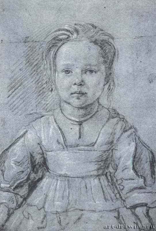 Портрет девушки. Вторая треть 17 века - 276 х 187 мм Черный мел, подсветка белым, на серо-голубой бумаге Лондон Британский музей, Отдел гравюры и рисунка Испания