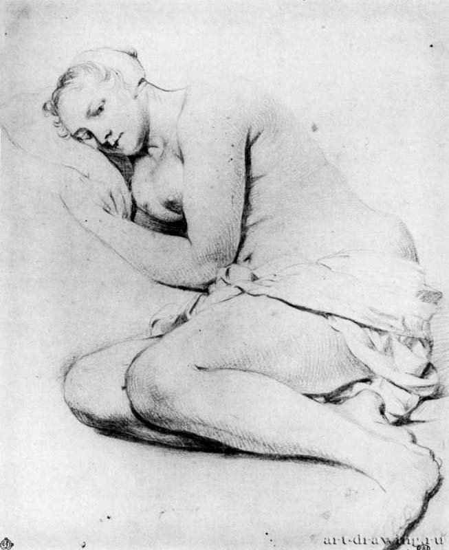 Лежащая обнаженная молодая женщина. Вторая половина 17 века - Сангина на бумаге 220 x 181 мм Школа изящных искусств Париж