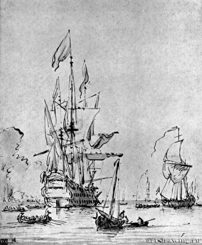 Морской корабль. Вторая половина 17 века - Перо, отмывка коричневым тоном, на бумаге 241 x 199 мм Гравюрный кабинет Берлин