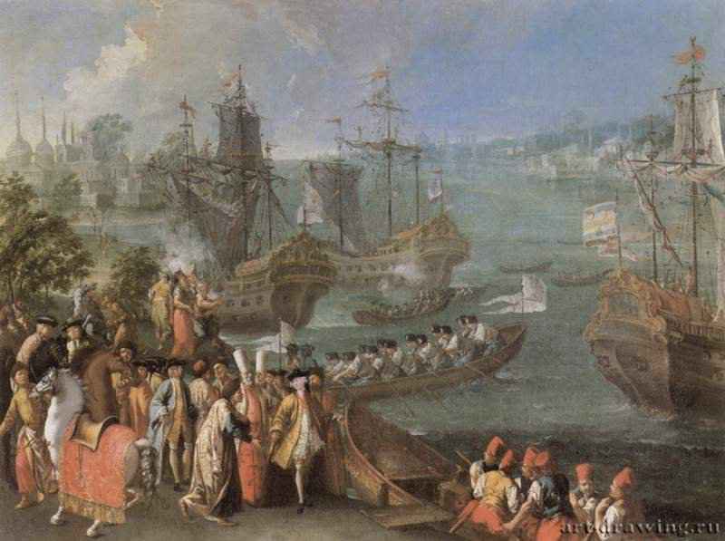 Прибытие французского посла в Стамбул - 1750 *95,5 x 129 смХолст, маслоВенецианский стиль 18 векаИталияЧастное собрание