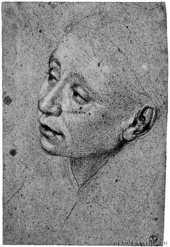 Голова смотрящей вверх женщины. 1606 - 260 х 168 мм Черный, белый и красный мел, на голубой бумаге Флоренция Уффици, Кабинет рисунков и гравюр Италия