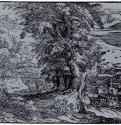 Пейзаж с сидящей парой и пастухами, первое состояние. 1591-1600 - Ксилография кьяроскуро, оттиск с очерковой доски на голубой бумаге 113 x 146 мм Риксмузеум Амстердам