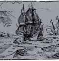 Морской пейзаж с двумя парусниками, первое состояние. 1591-1600 - Ксилография кьяроскуро, оттиск с очерковой доски на голубой бумаге 92 x 144 мм Риксмузеум Амстердам