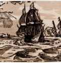 Морской пейзаж с двумя парусниками, второе состояние. 1591-1600 - Ксилография кьяроскуро, одна очерковая доска, две тоновые доски 92 x 144 мм Риксмузеум Амстердам