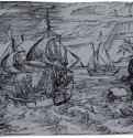 Морской пейзаж с тремя парусниками, первое состояние. 1600-1616 - Ксилография кьяроскуро, оттиск с очерковой доски на голубой бумаге 135 x 215 мм Риксмузеум Амстердам