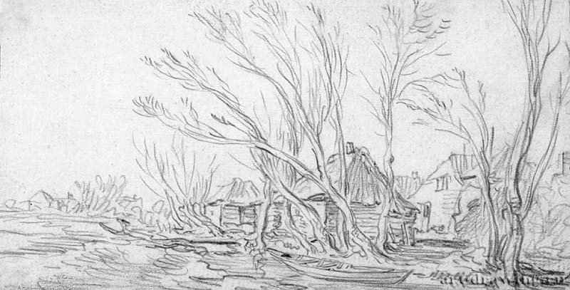 Домики и деревья без листьев. 1625 -1630 - Черный мел 10,8 x 20,9 Риксмузеум Амстердам