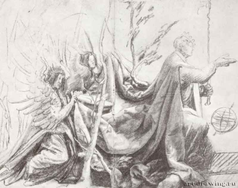 Христос в виде короля с двумя ангелами, несущими шлейф его мантии. 1514 - 286 х 366 мм. Черный мел, подсветка белым, на коричневатой бумаге. Берлин. Гравюрный кабинет. Германия.