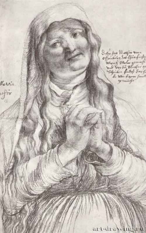 Пожилая женщина со сцепленными кистями рук. 1515 - 377 х 236 мм. Черный мел на бумаге. Оксфорд. Музей Эшмолеан, Отдел гравюры и рисунка. Германия.