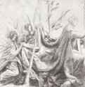 Христос в виде короля с двумя ангелами, несущими шлейф его мантии. 1514 - 286 х 366 мм. Черный мел, подсветка белым, на коричневатой бумаге. Берлин. Гравюрный кабинет. Германия.