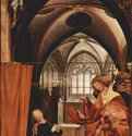 Изенгеймский алтарь (прежде главный алтарь монастыря антонитов в Изенгейме, Эльзас), внутренняя сторона, левая створка. Благовещение - 1512-1516269 x 142 смДерево, маслоВозрождениеГерманияКольмар. Музей УнтерлинденЗаказчик - аббат Дж. Гверси, многостворчатый алтарь, состоящий из десяти досок и резной средней части
