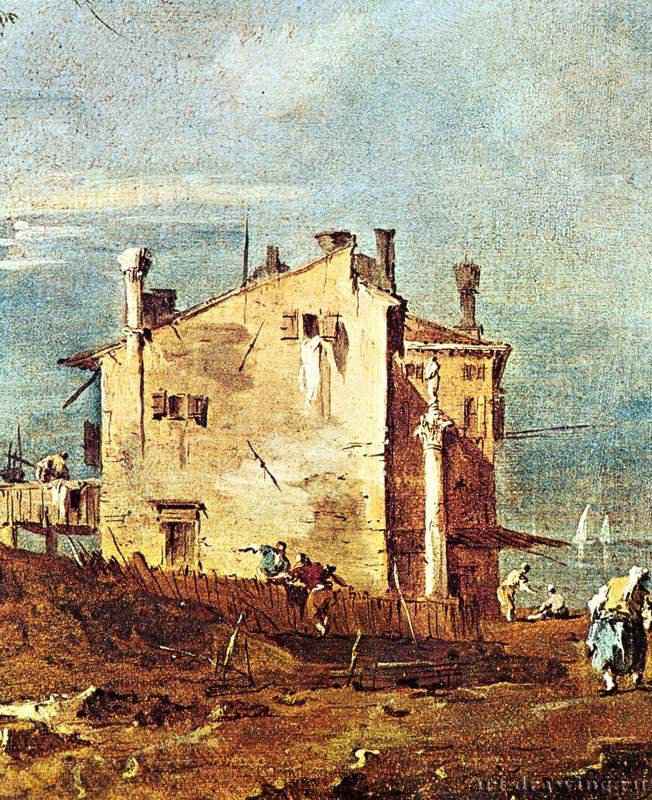 Каприччо. Развалины аркады и сельские дома на лагуне. Фрагмент. 1780-1790 - Холст, масло. Венецианский стиль 18 века. Италия. Верона. Музей Кастельвеккьо.