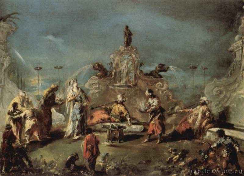 Сцена в саду сераля. 1742-1743 - 46,5 x 64 смХолст, маслоРококоИталияМадрид. Собрание Тиссен-БорнемисаЦикл первоначально состоял из 43 картин, заказчик - маршал Иоганн Маттиас фон дер Шуленбург