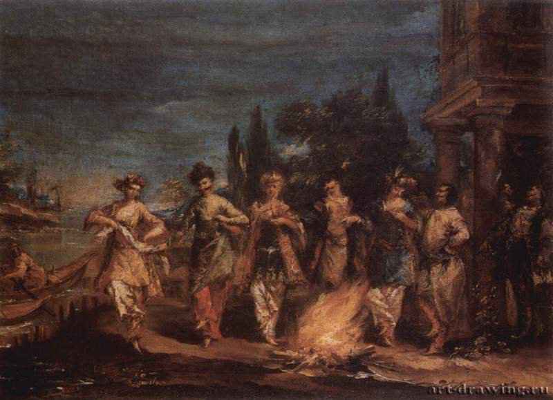 Три турецкие пары танцуют перед огнем. 1742-1743 - 46 x 64 смХолст, маслоРококоИталияЧастное собраниеЦикл первоначально состоял из 43 картин, заказчик - маршал Иоганн Маттиас фон дер Шуленбург