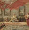 Сцена в гареме. 1742-1743 - 46,5 x 64 смХолст, маслоРококоИталияМадрид. Собрание Тиссен-БорнемисаЦикл первоначально состоял из 43 картин, заказчик - маршал Иоганн Маттиас фон дер Шуленбург