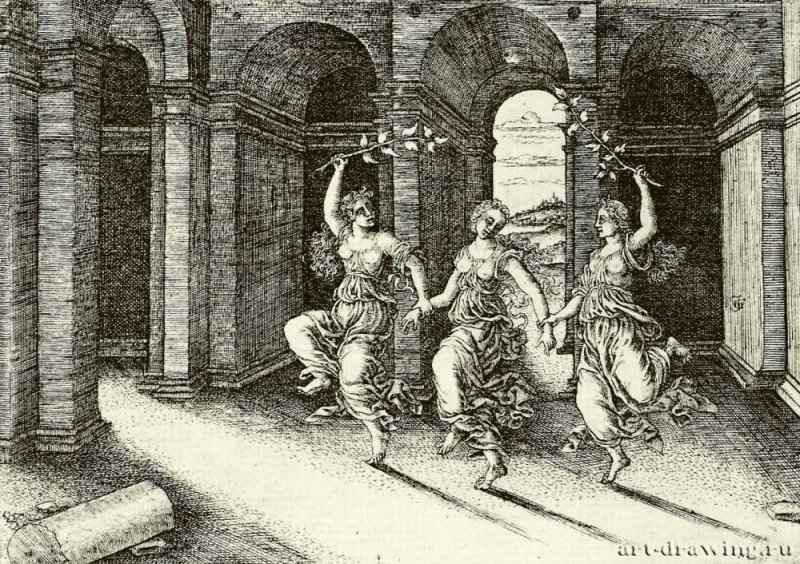 Три юные танцовщицы. 1530-1550 - 77 х 105 мм. Резцовая гравюра на меди. Вена. Собрание графики Альбертина. Франция.