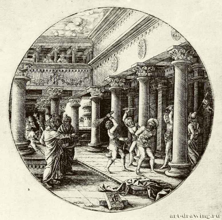 Бичевание Христа. 1530-1550 - Диаметр: 116 мм. Резцовая гравюра на меди. Вена. Собрание графики Альбертина. Франция.